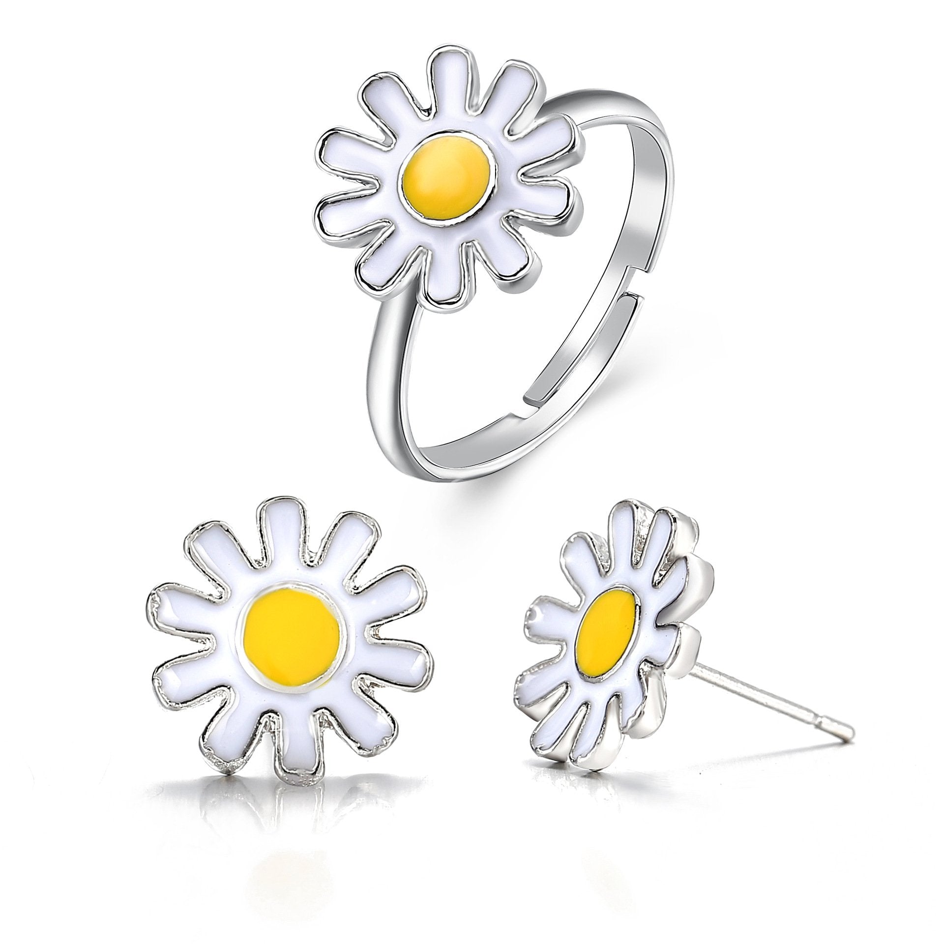 3 Piece Daisy Flower Jewelry Set in 18K white gold, featuring a necklace, earrings, and bracelet with intricate floral designs.