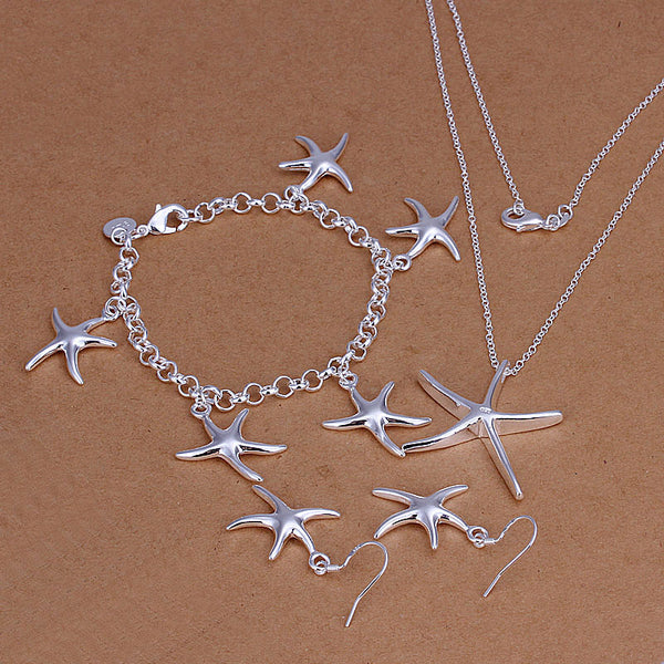 3 Piece Daisy Starfish Jewelry Set in 18K White Gold Plated, featuring a link chain and lobster clasp, elegantly designed for comfort and style.