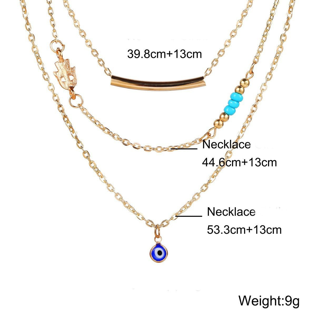 A beautiful 3 Piece Turquoise Evil Eye Necklace featuring 18K gold plating, showcasing intricate design and vibrant turquoise stones.