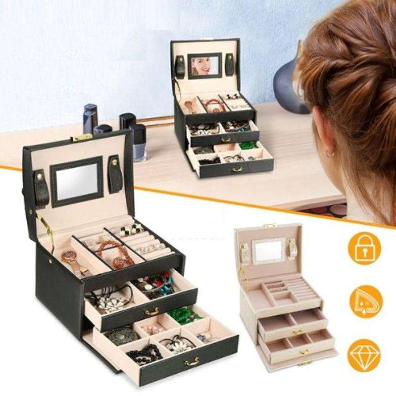 3 Tier Travel Friendly Jewelry Box with Lock and Mirror in elegant vegan leather, featuring multiple compartments for organized jewelry storage.