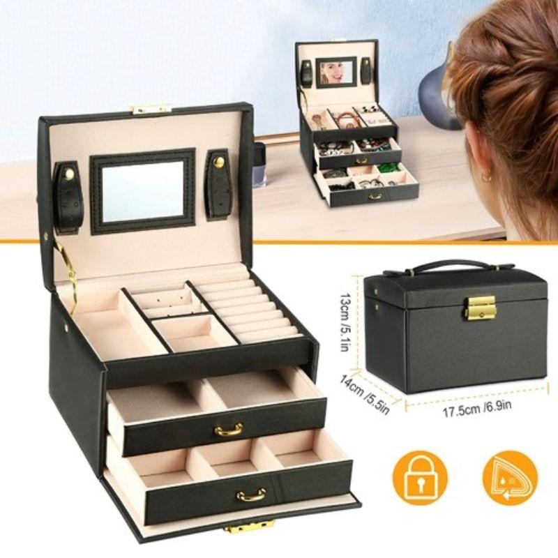 3 Tier Travel Friendly Jewelry Box with Lock and Mirror in elegant vegan leather, featuring multiple compartments for organized jewelry storage.