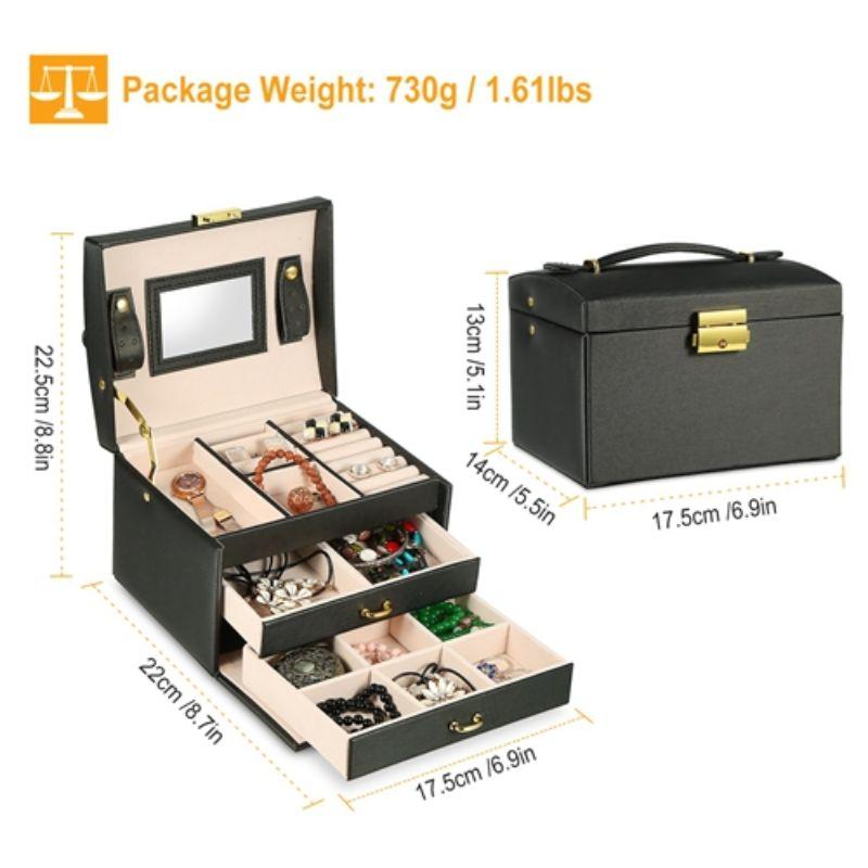 3 Tier Travel Friendly Jewelry Box with Lock and Mirror in elegant vegan leather, featuring multiple compartments for organized jewelry storage.