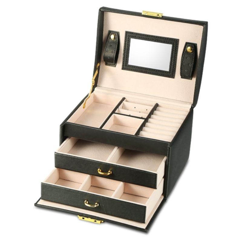 3 Tier Travel Friendly Jewelry Box with Lock and Mirror in elegant vegan leather, featuring multiple compartments for organized jewelry storage.