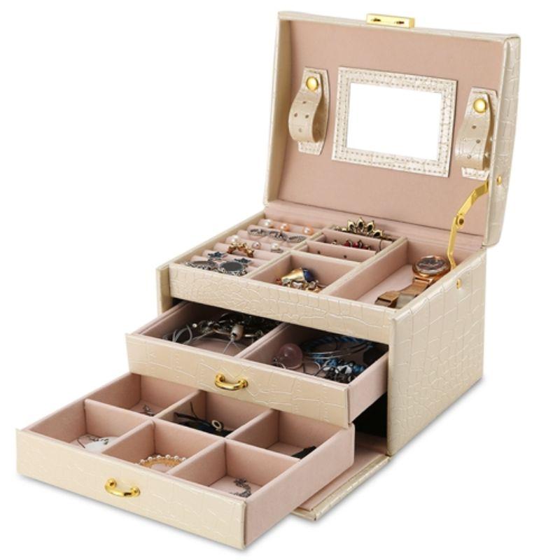 3 Tier Travel Friendly Jewelry Box with Lock and Mirror in elegant vegan leather, featuring multiple compartments for organized jewelry storage.