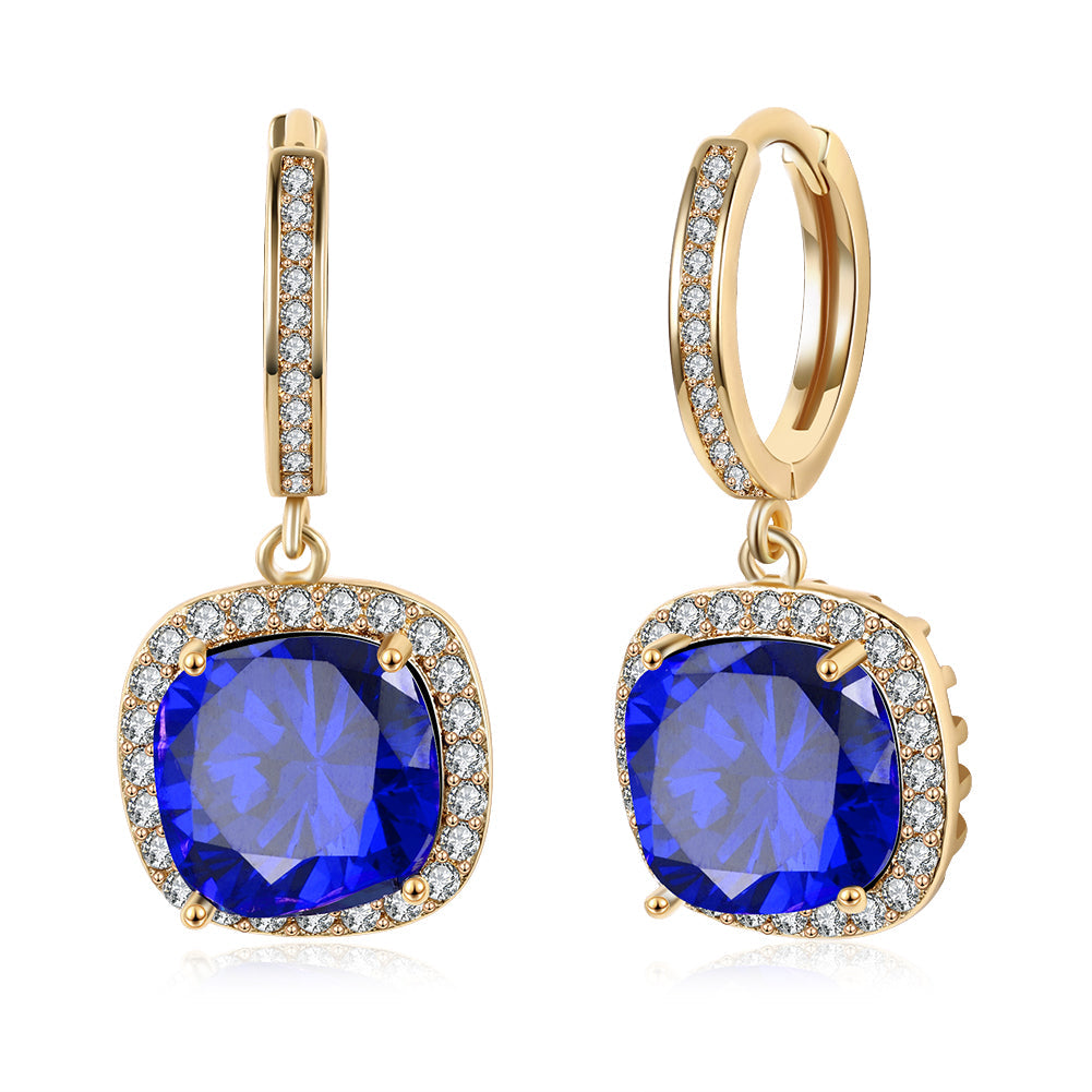 Elegant 3.00 Ct Sapphire Asscher Cut Halo Drop Earrings in 18K Gold Plated, showcasing their stunning design and vibrant sapphires.