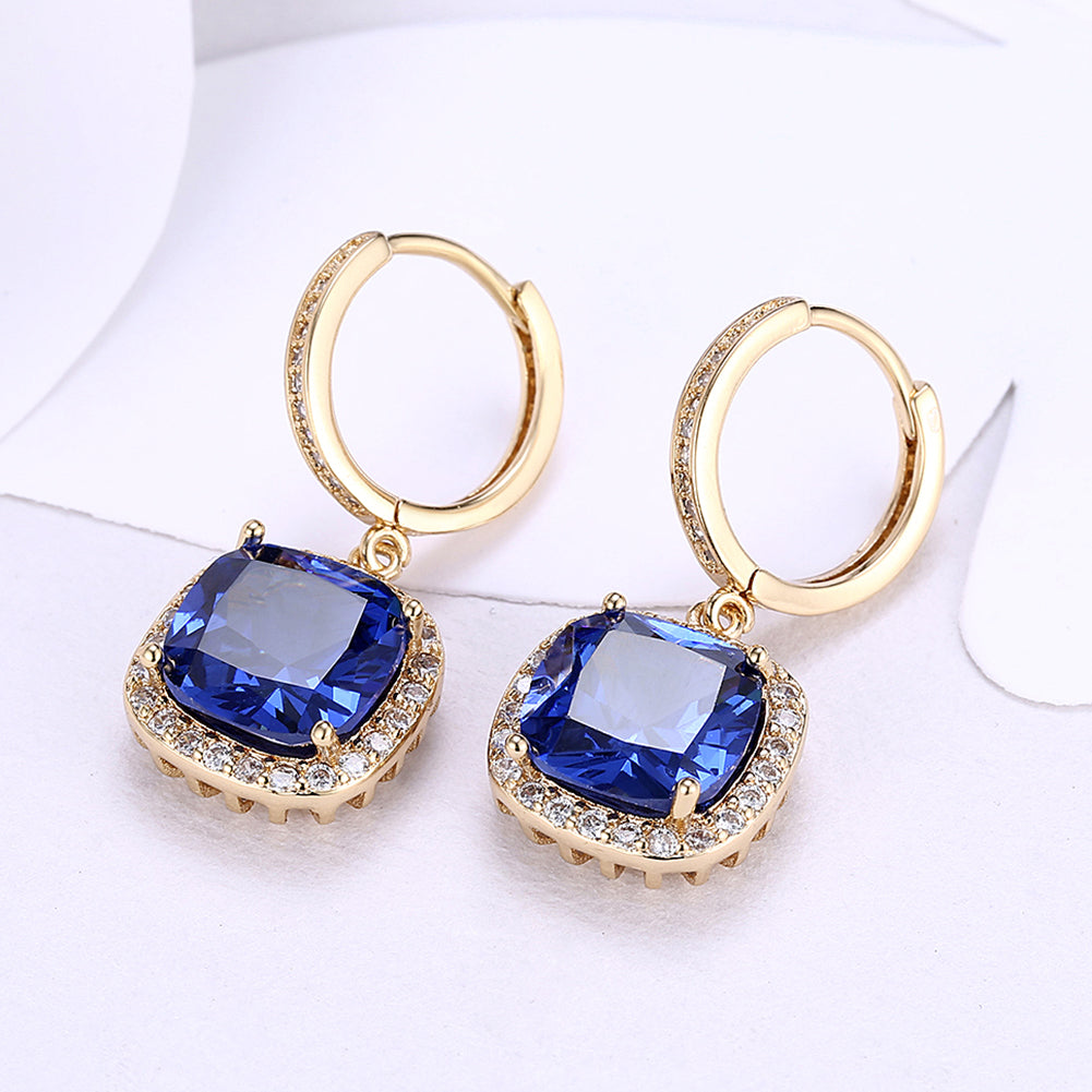 Elegant 3.00 Ct Sapphire Asscher Cut Halo Drop Earrings in 18K Gold Plated, showcasing their stunning design and vibrant sapphires.