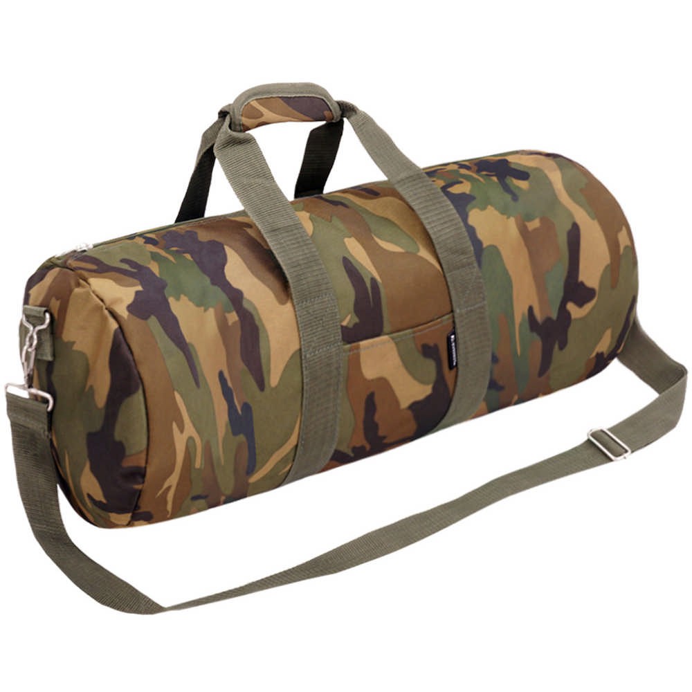 30-inch woodland camo duffel bag with adjustable strap and zippered compartments, perfect for travel and outdoor activities.