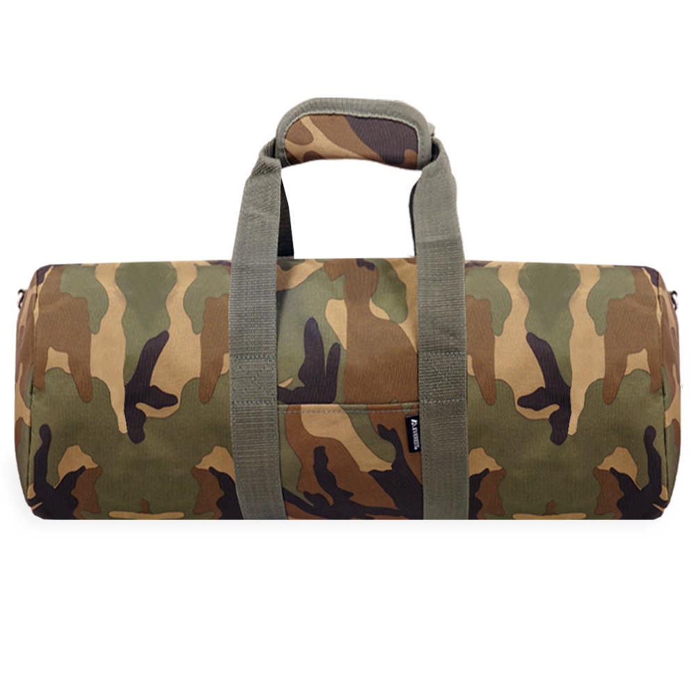 30-inch woodland camo duffel bag with adjustable strap and zippered compartments, perfect for travel and outdoor activities.