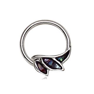 A close-up of a 316L stainless steel captive bead ring featuring an angel wing design with natural abalone shell inlays.