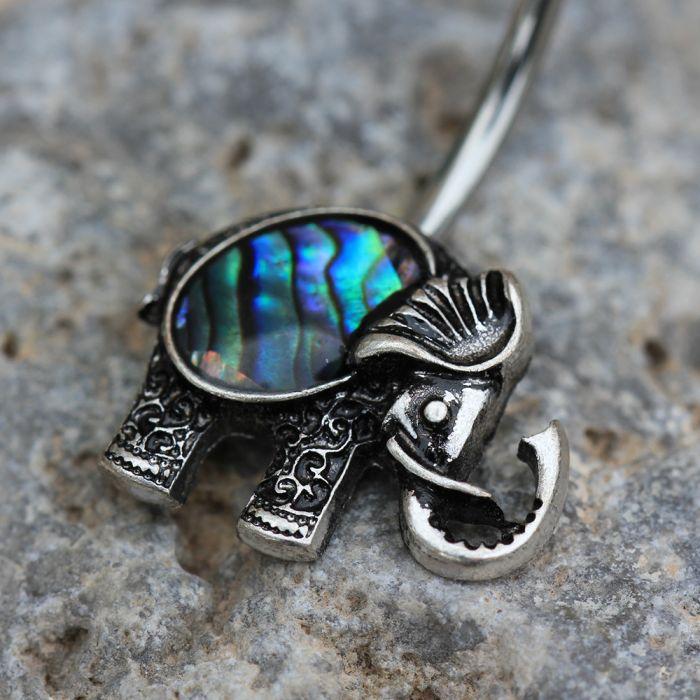 A detailed 316L stainless steel navel ring featuring an elephant design with a natural abalone shell, showcasing vibrant colors and intricate craftsmanship.