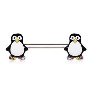 A 316L stainless steel nipple bar featuring an adorable animated penguin design with colorful enamel and cubic zirconia accents.