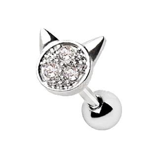 A 316L stainless steel cartilage earring featuring a cute cat face design adorned with clear cubic zirconia stones.