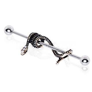 316L Stainless Steel Antique Gold Plated Snake Industrial Barbell with cubic zirconia accents, showcasing a unique snake design.