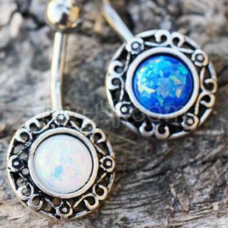 A beautifully designed 316L stainless steel antique navel ring featuring a vibrant synthetic opal stone, showcasing intricate details and elegant plating.