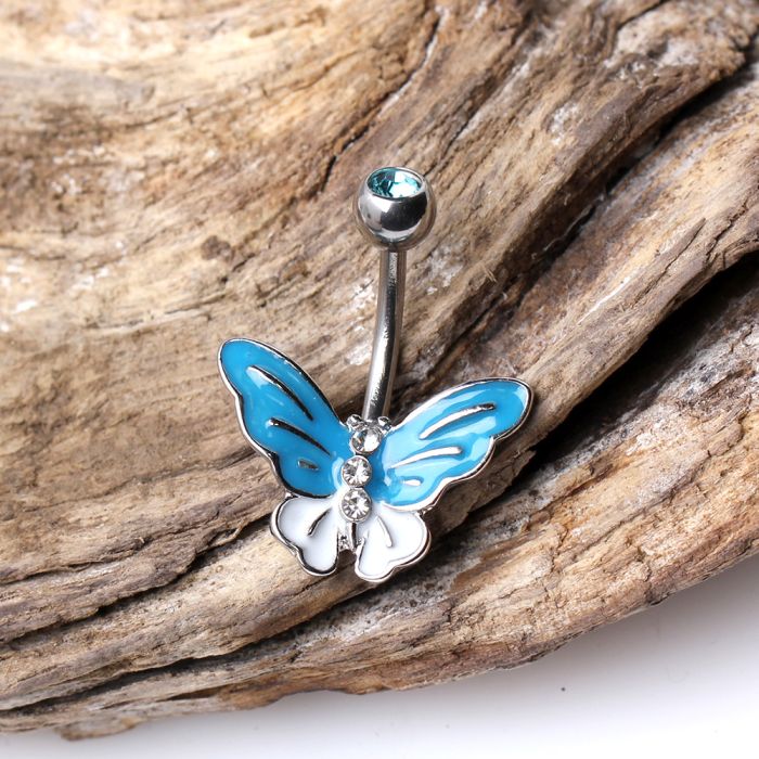 Aqua butterfly navel ring made of 316L stainless steel with hand-painted enamel and clear CZ stones, showcasing a vibrant design.