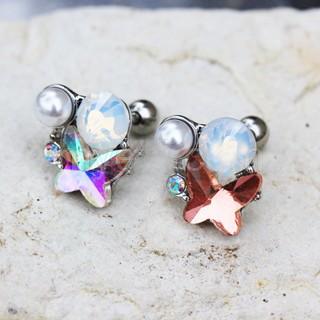 A beautiful 316L stainless steel cartilage earring featuring a butterfly design embellished with colorful CZ stones and a synthetic pearl accent.