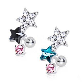 A close-up of the 316L Stainless Steel Art of Brilliance Star Power Cartilage Earring featuring a double star design with multicolored CZ jewels.