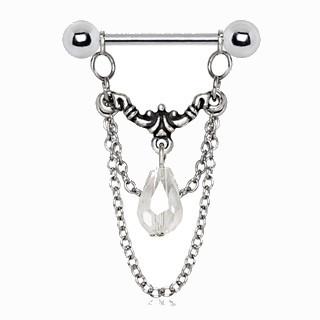 A stylish 316L stainless steel double chain nipple ring featuring a large teardrop-shaped Aurora CZ dangle, showcasing elegance and comfort.