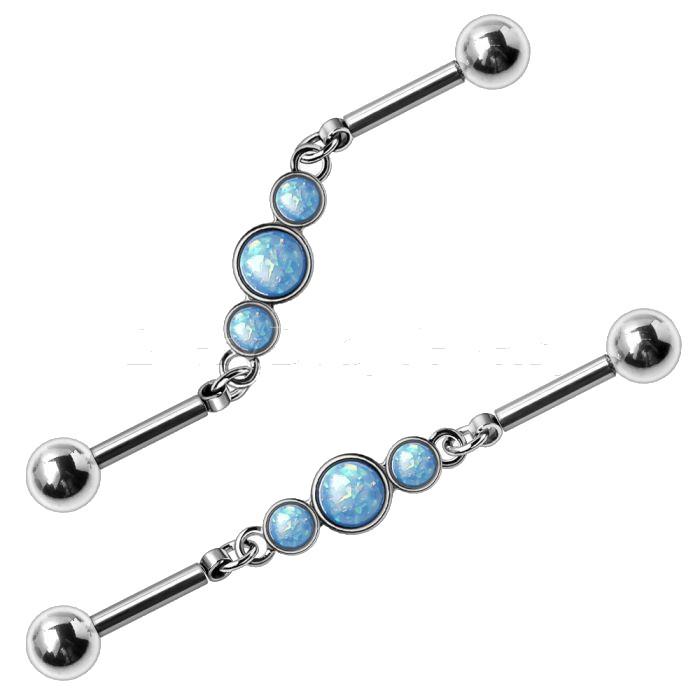 A 316L stainless steel industrial barbell featuring a blue bubble design with a flexible chain on both sides, showcasing synthetic opal.