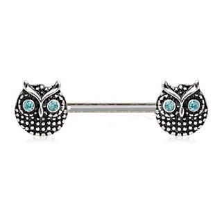 A stylish 316L stainless steel nipple bar featuring a blue-eyed owl design with light blue cubic zirconia accents.