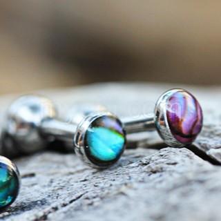 A beautiful 316L stainless steel cartilage earring featuring a vibrant abalone shell encapsulated in resin, showcasing its unique colors and patterns.