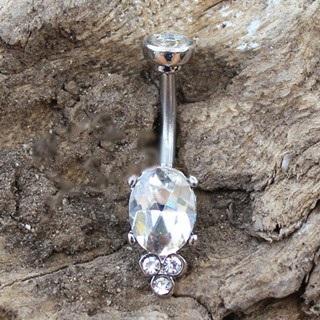 A beautiful 316L stainless steel navel ring featuring a Victorian design with a large oval clear cubic zirconia and three round clear CZ accents.