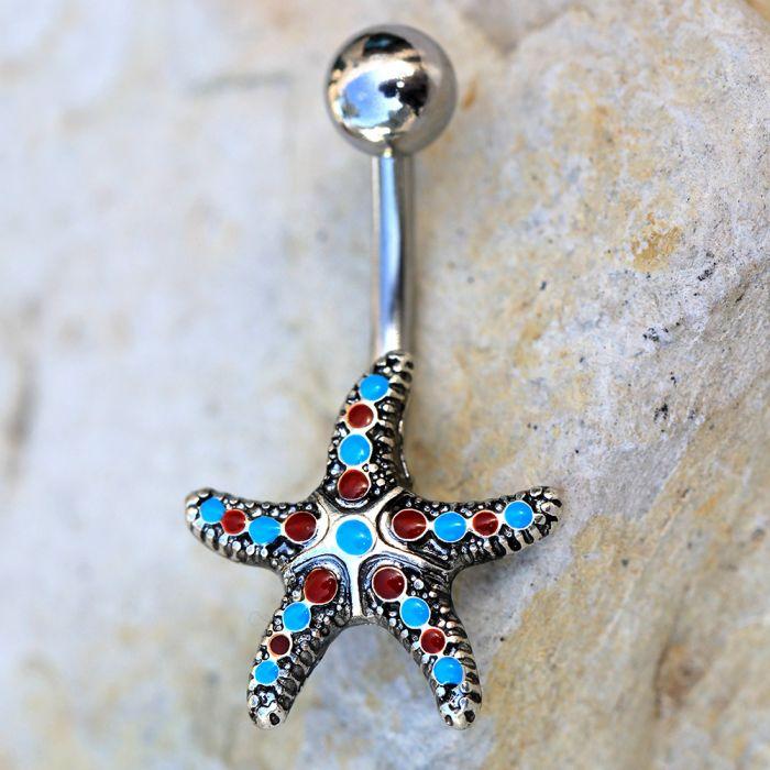 Colorful starfish navel ring made of 316L stainless steel with red and aqua enamel, featuring a secure externally threaded design.