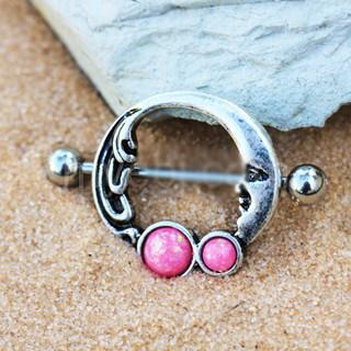 A stylish 316L stainless steel crescent moon nipple ring featuring two pink synthetic opals, showcasing an antique black plated finish.