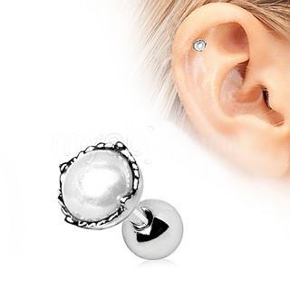 A stylish 316L stainless steel cartilage earring featuring a crown design with a central faux pearl, perfect for everyday wear.