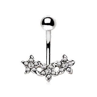 A dainty triple flower navel ring made of 316L stainless steel with clear cubic zirconia stones, showcasing an elegant design.