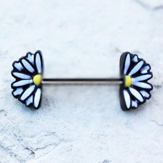 A 316L stainless steel nipple bar featuring a daisy flower design painted in black, white, and yellow enamel.