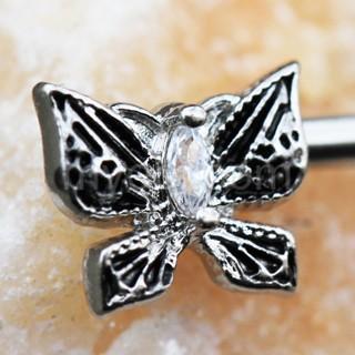 A detailed view of a 316L stainless steel nipple bar featuring an exotic butterfly design adorned with marquise cut clear cubic zirconia.