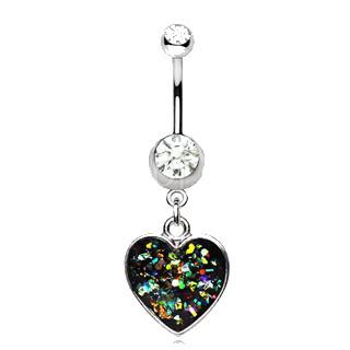 A stylish 316L stainless steel glitter epoxy heart dangle navel ring with rainbow glitters and cubic zirconia balls.