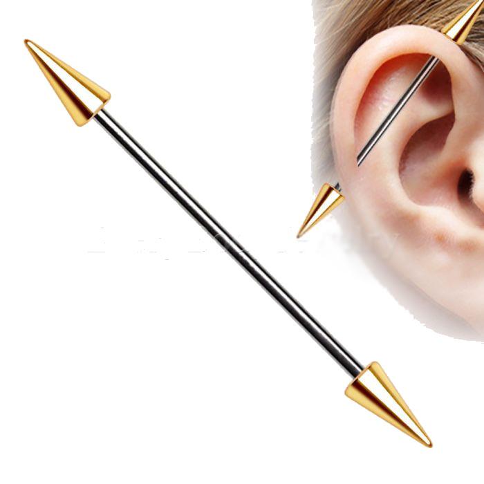 A stylish 316L stainless steel gold plated spike industrial barbell featuring yellow gold spikes on both ends, perfect for body piercings.