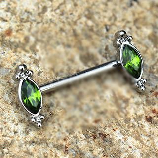 A 316L stainless steel nipple bar featuring a marquise cut dark green cubic zirconia surrounded by an ornate design.