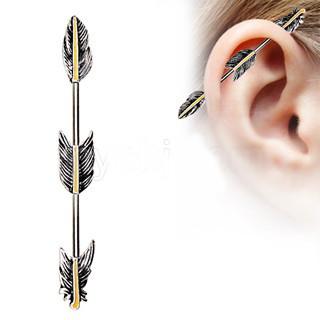 A beautifully crafted 316L stainless steel industrial barbell featuring golden triple tier feathers with intricate detailing and partial black plating.