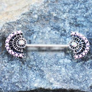 A beautifully designed 316L stainless steel jeweled fan nipple bar featuring an Aurora Borealis CZ and pink beads, showcasing elegance and style.