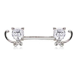 A stylish 316L stainless steel nipple bar featuring a jeweled kitty cat design with clear cubic zirconia accents.