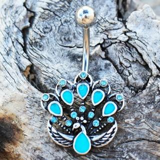 A beautifully designed 316L stainless steel jeweled peacock navel ring with Aqua CZ stones and teal enamel accents.