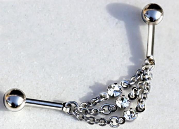 A stylish 316L stainless steel industrial barbell featuring three chains of varying lengths, each adorned with clear cubic zirconia stones.