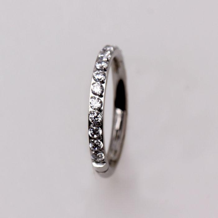 A 316L stainless steel seamless clicker ring adorned with multiple prong-set cubic zirconia stones, showcasing its elegant design and versatility.