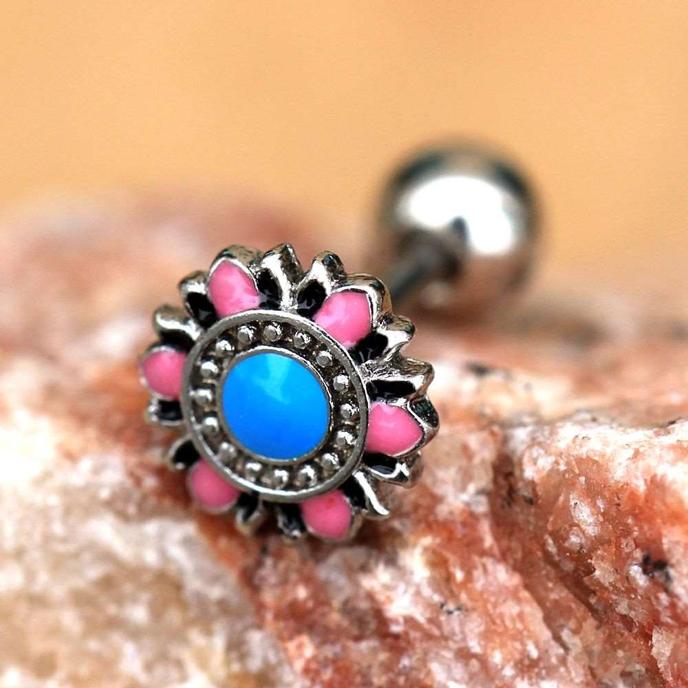 A beautiful 316L stainless steel cartilage earring featuring a pastel flower design with pink and light blue enamel.