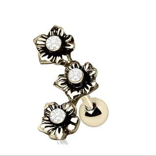 Elegant 316L Stainless Steel Triple Flower Cartilage Earring with Clear CZ stones, showcasing three floral designs.