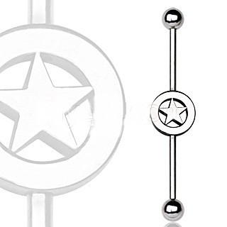 A 316L surgical steel industrial barbell featuring a stylish star logo, showcasing its sleek design and durable construction.