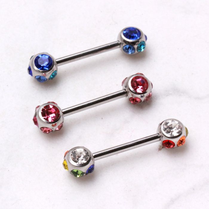 A vibrant 316L Surgical Steel Nipple Bar featuring multi-gemmed balls in various colors, showcasing its unique design and quality craftsmanship.