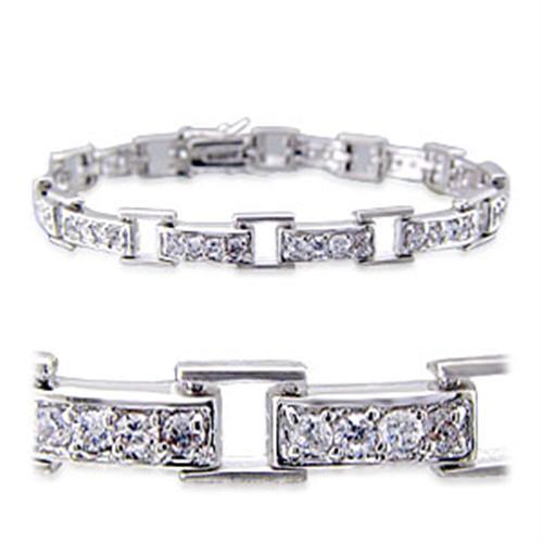 Elegant Rhodium Brass Bracelet featuring a clear AAA Grade CZ stone, showcasing its luxurious design and craftsmanship.