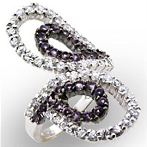 A high-polished 925 sterling silver ring featuring an AAA grade CZ stone in amethyst color, showcasing its elegant design.