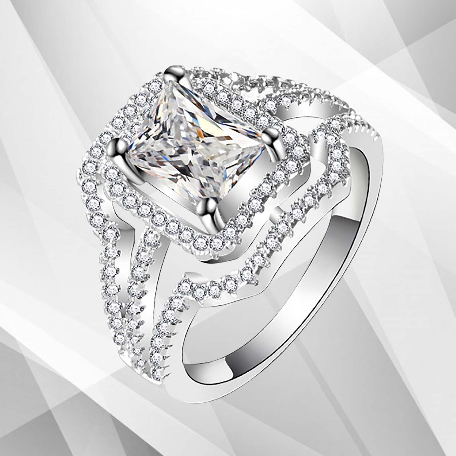 3.2Ct Square-Cut Diamond Cushion Halo Bridal Engagement Ring in 18K White Gold, featuring a central diamond surrounded by a halo of smaller stones.