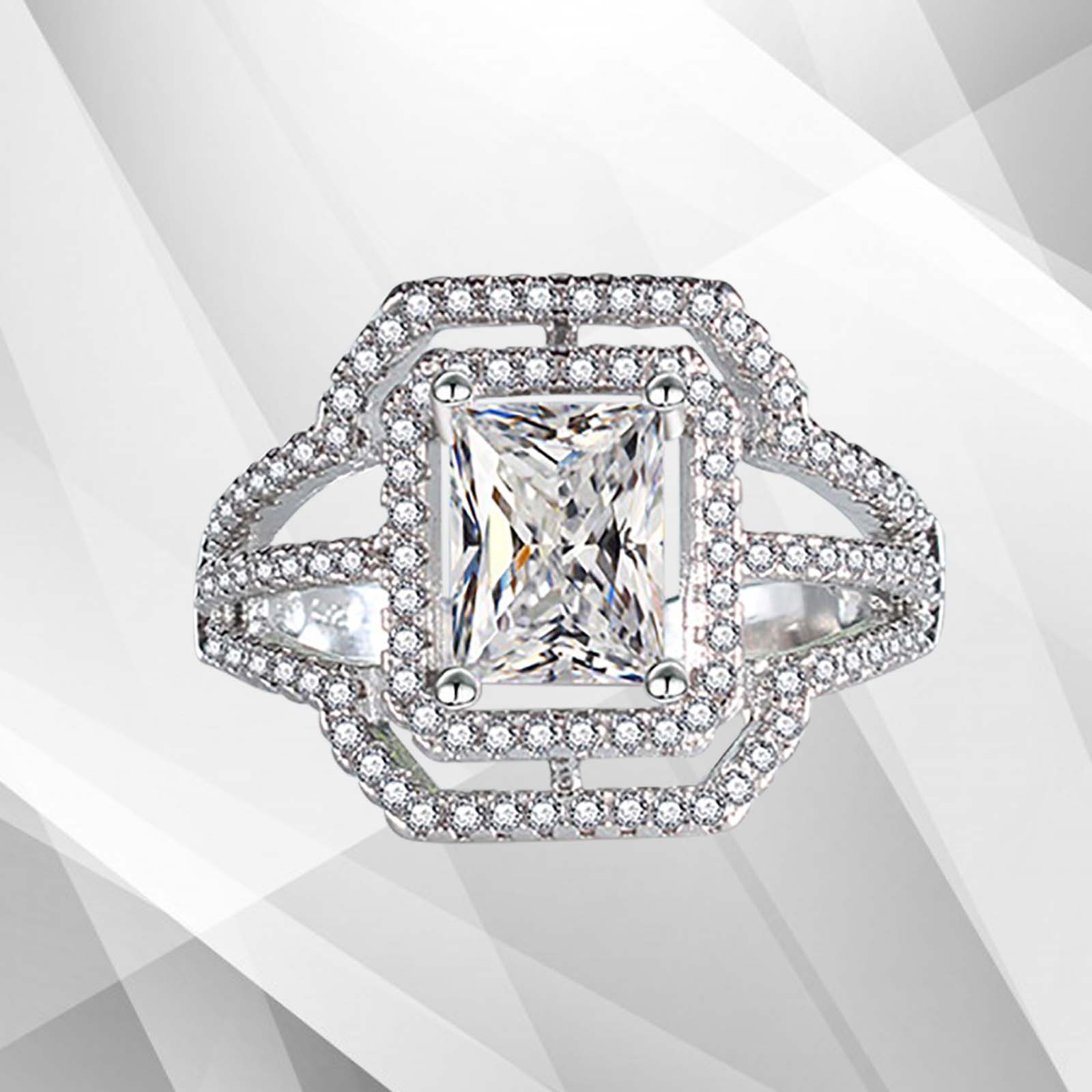 3.2Ct Square-Cut Diamond Cushion Halo Bridal Engagement Ring in 18K White Gold, featuring a central diamond surrounded by a halo of smaller stones.