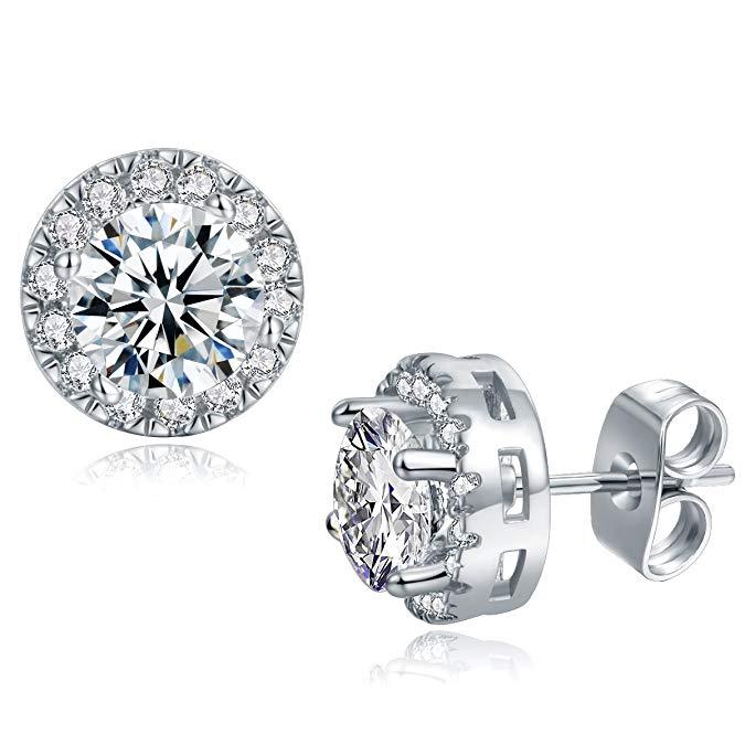 Elegant 3.44 CTTW Halo Stud Earrings in 18K white gold featuring Austrian Elements crystals, showcasing a butterfly lock closure.